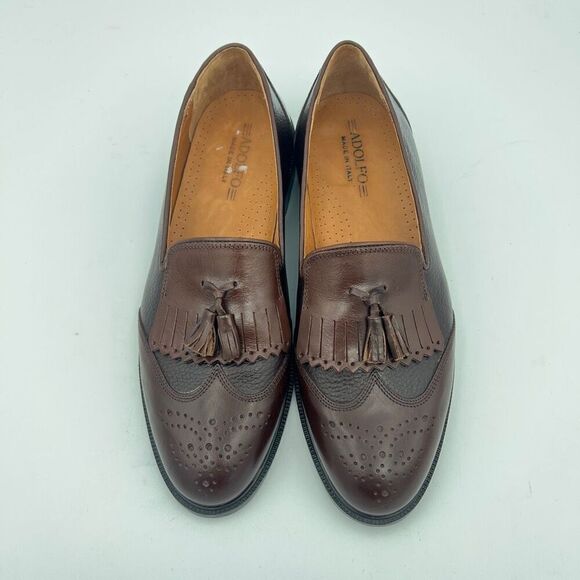 ADOLFO MEN’S Dress Shoes Loafers Brown Leather Tassels Hand Made In Italy 11 main image 8